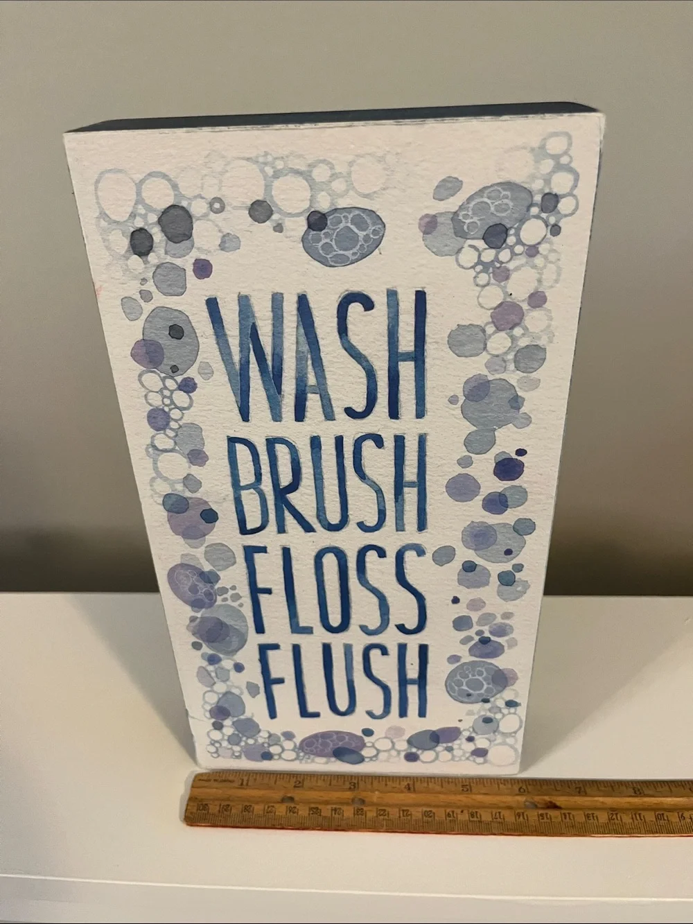Blue 'Wash Brush Floss Flush' wooden Bathroom Sign 11x6x1.5 inches